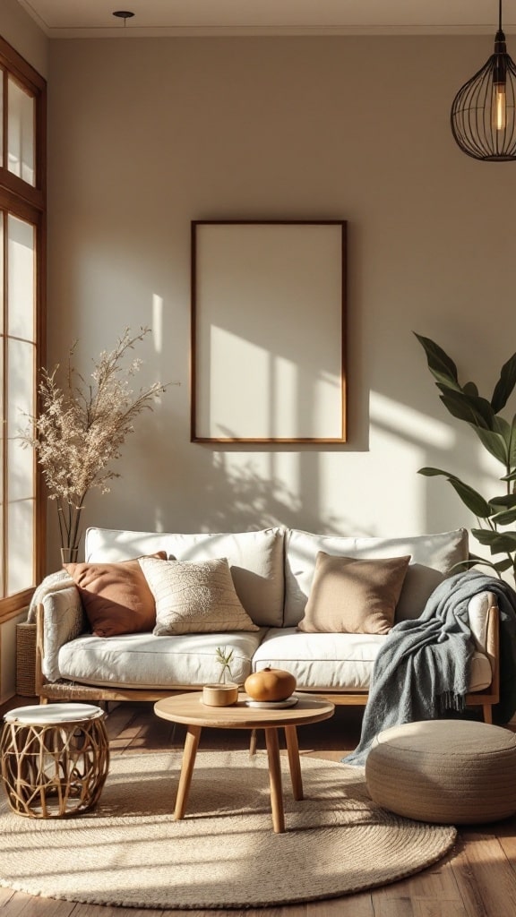 A cozy Japandi style living room featuring natural textures and colors with a light couch, wooden furniture, and plants.