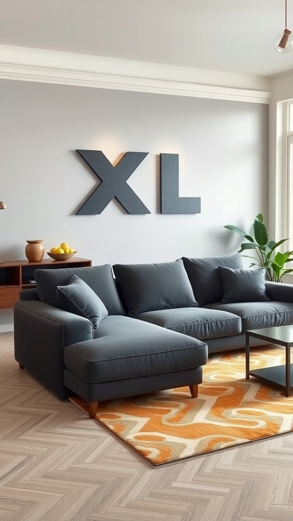 A modern living room featuring a large gray sectional sofa, an orange patterned rug, and oversized black letters spelling XL on the wall.
