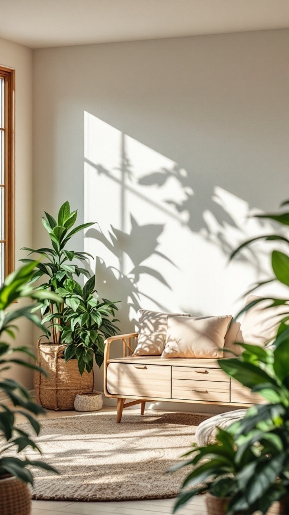 A bright living room with a wooden sofa, plants, and natural light creating shadows on the wall