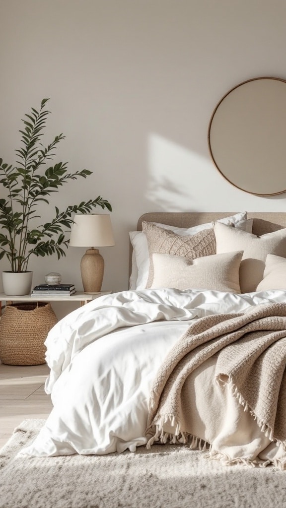 A cozy neutral decorated bedroom with layered textiles, featuring soft bedding, decorative pillows, and natural elements.
