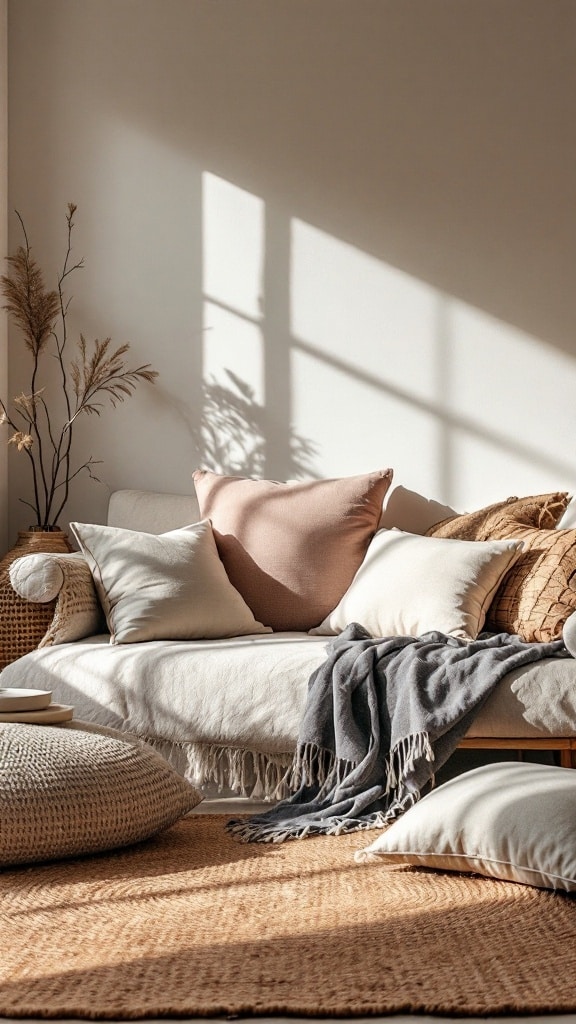 A cozy Japandi style living room with a neutral sofa, layered with cushions and a throw blanket, surrounded by plush floor pillows and a woven rug.