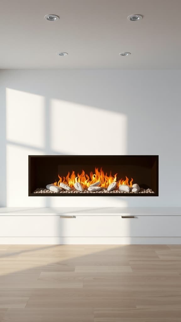 A modern linear gas fireplace with smooth stones and flames, integrated into a white wall.