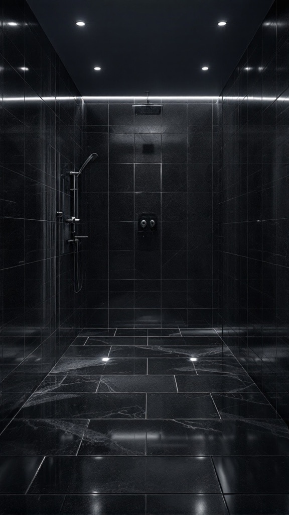 A modern shower room featuring luxurious black tiles with soft lighting.