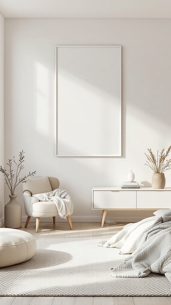 A minimalist bedroom with neutral colors, featuring a chair and pouf, a light rug, and plants.