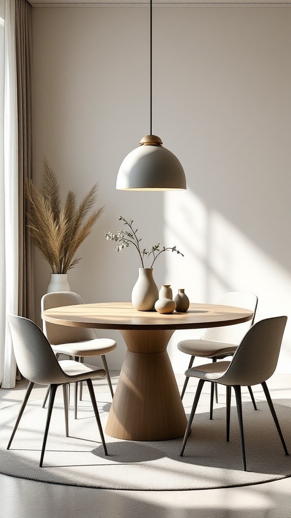 A modern minimalist dining room featuring a round wooden table with a pedestal base, surrounded by four elegant chairs. A pendant light hangs above the table, and decorative vases are placed on top.