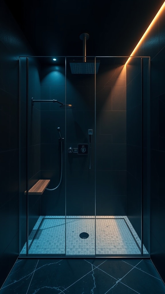Modern dark shower room with mood lighting and candles