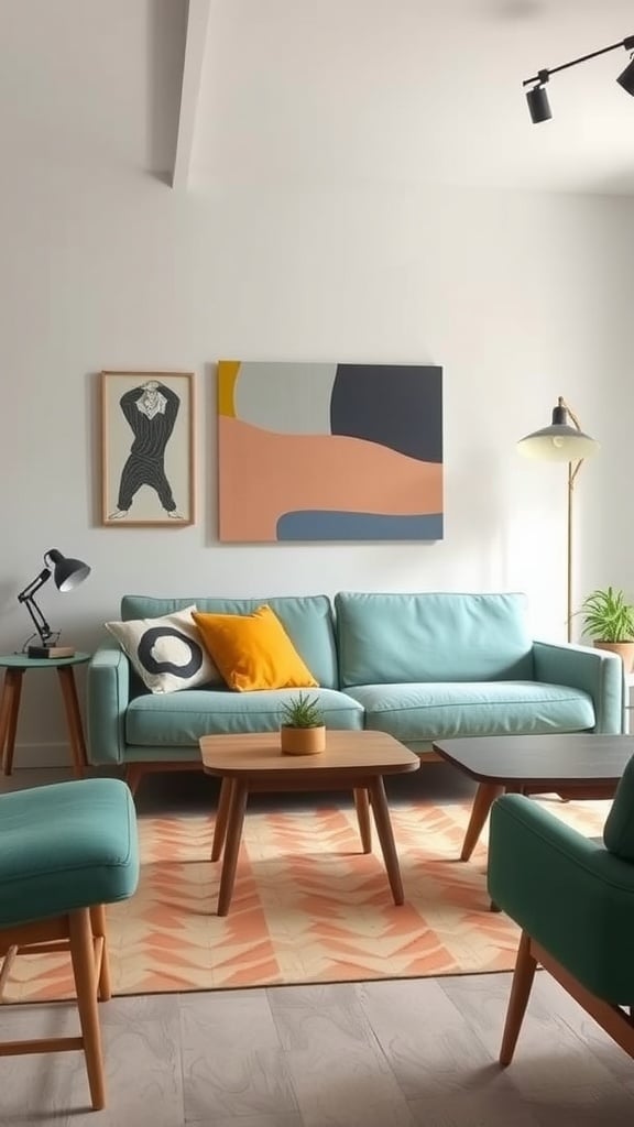 A retro Scandinavian living room featuring a light blue sofa, wooden furniture, and artistic wall decor.