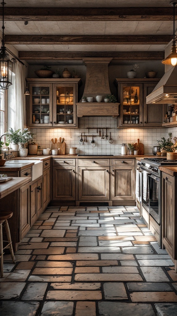 A rustic kitchen featuring flagstone flooring with wooden cabinets and natural decor.