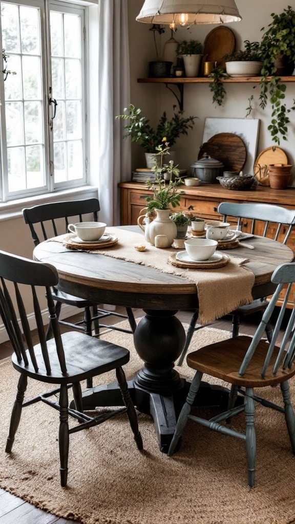 Rustic farmhouse dining room featuring a round wooden table, mismatched chairs, and a cozy atmosphere