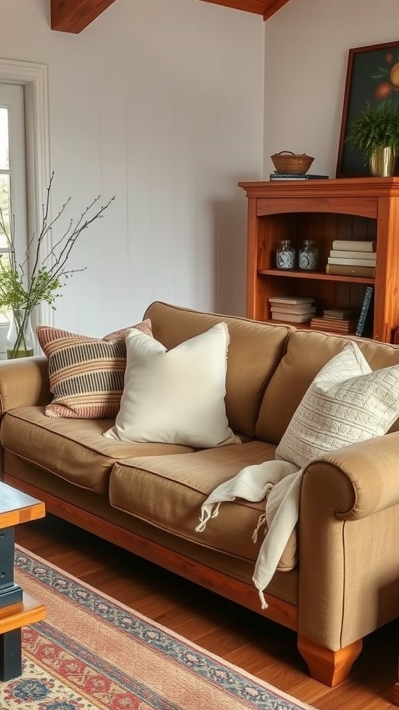 Cozy rustic farmhouse style sofa with decorative pillows and wooden accents