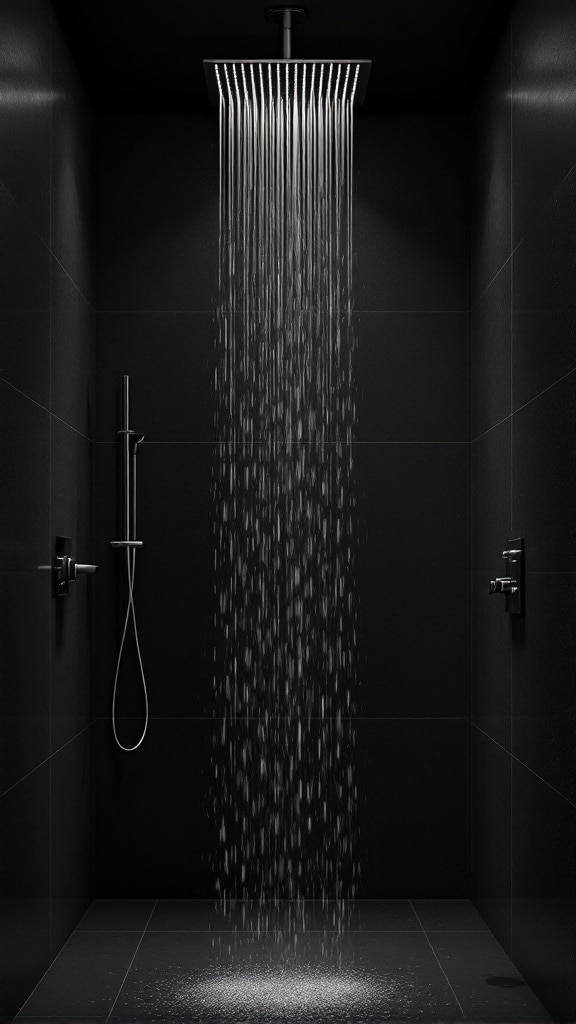 A modern dark shower room featuring sleek minimalist fixtures including an overhead rain shower head and a handheld shower.