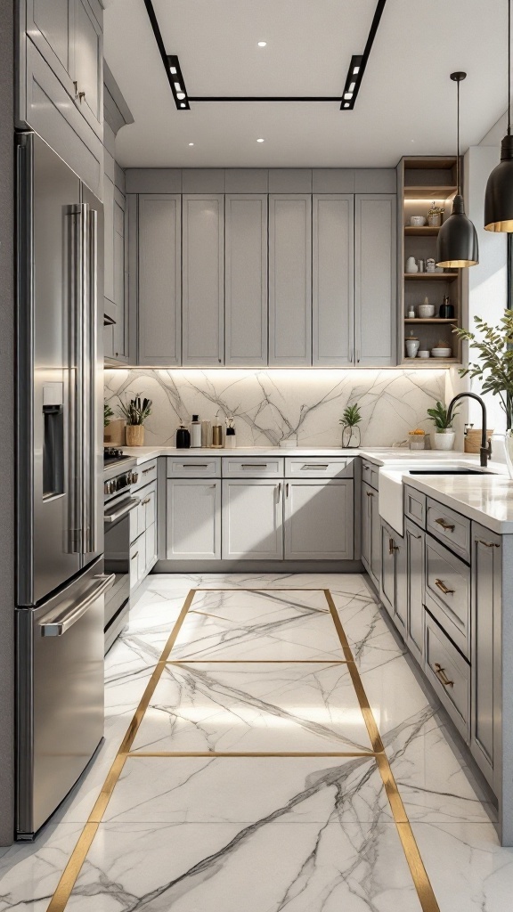 A modern kitchen featuring a sleek marble floor with gray veining and gold accents.