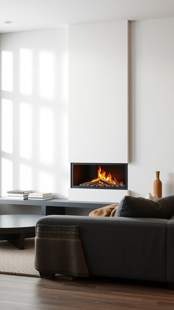 A sleek wall-mounted fireplace with flames visible, set in a modern living room.