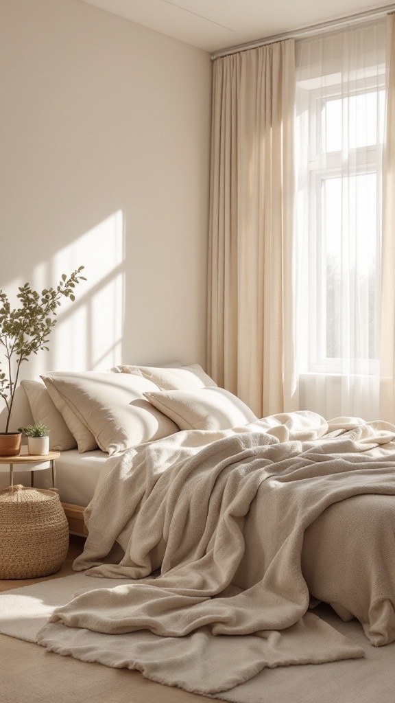 A serene bedroom with a beige and cream color palette, featuring soft bedding, sheer curtains, and a potted plant.