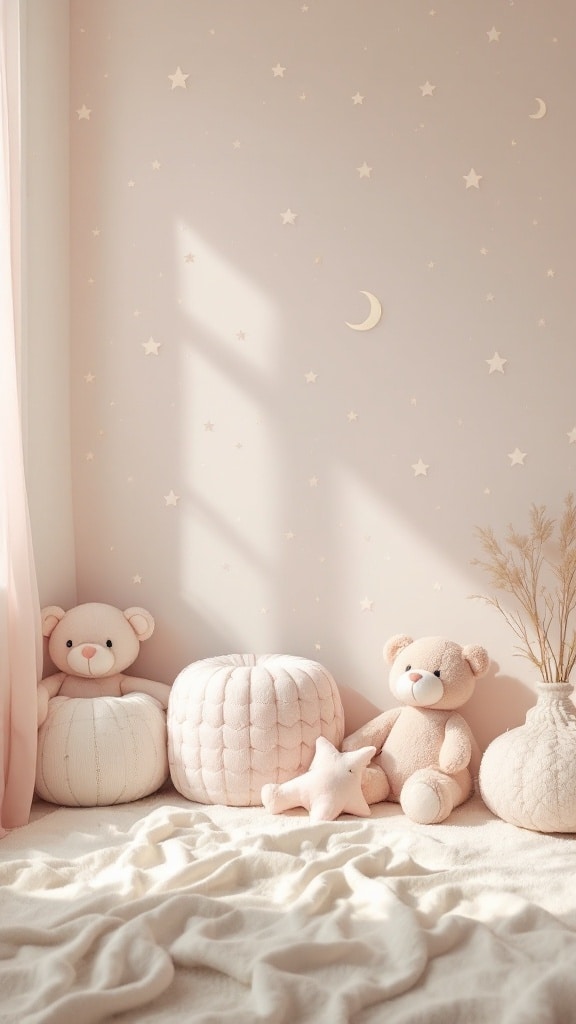 Pastel wallpaper with stars and moon in a child's bedroom, featuring soft toys and cozy elements.