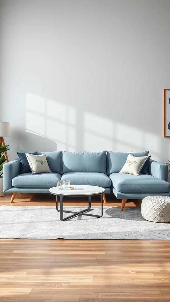 A modern living room featuring a blue sofa, round coffee table, and warm wooden flooring, with decorative cushions and natural light.