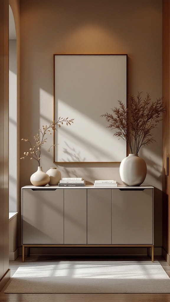A stylish console table in a hallway with vases and books on top, illuminated by soft lighting.