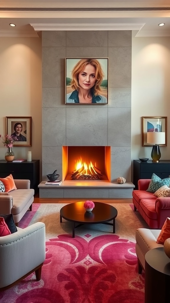 A modern living room featuring a sunken fireplace with flames, surrounded by comfortable seating and artwork on the walls.