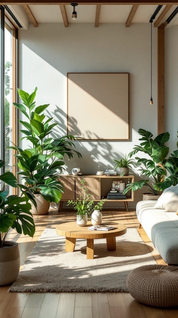 A stylish Japandi style living room featuring natural materials and indoor plants.