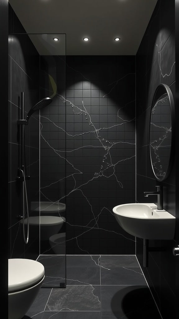 Modern dark shower room with textured wall panels