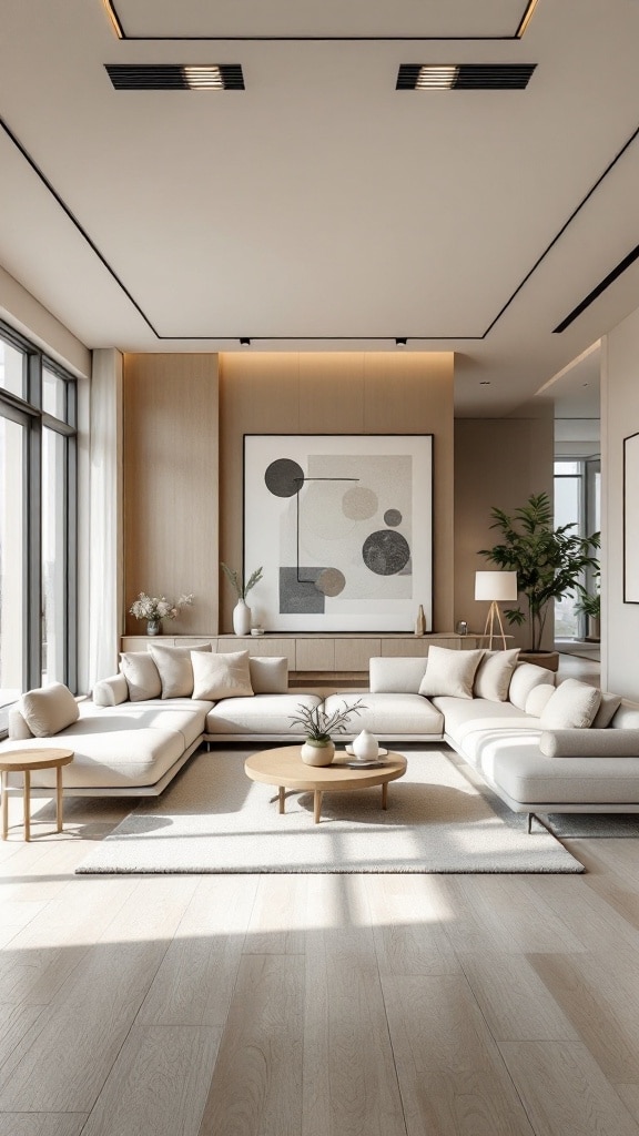 A spacious Japandi style living room with a sectional sofa, coffee table, and large windows.