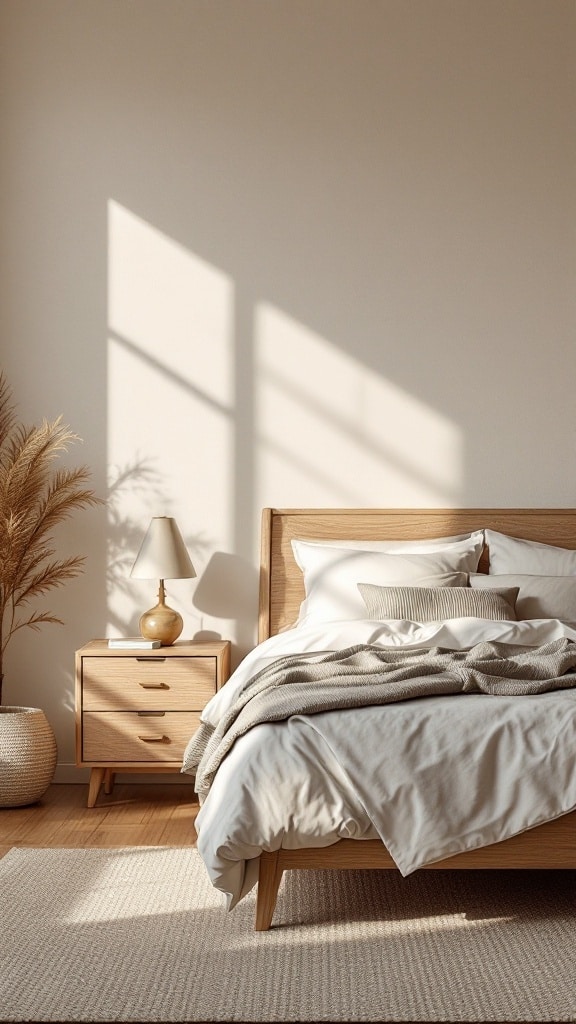 Cozy bedroom with warm wood accents, featuring a light wood bed, nightstand, and soft textiles.