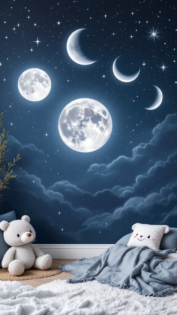 A child's bedroom featuring a whimsical moon phases wallpaper design with soft toys and a cozy blanket.