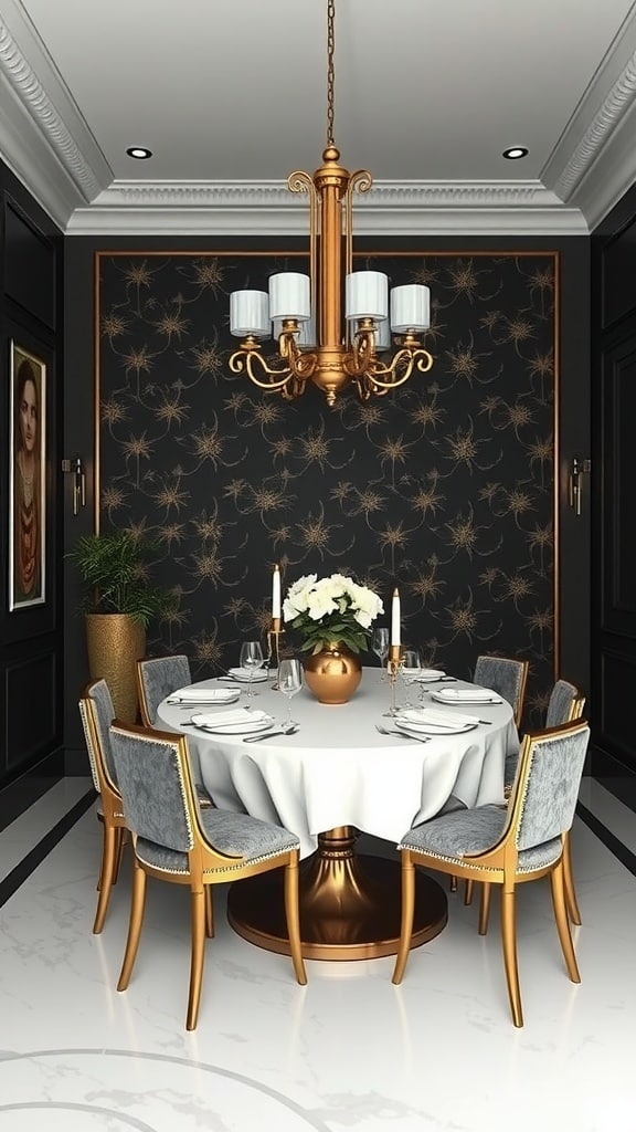 A dining room featuring black wallpaper with gold patterns, a round table set with a white tablecloth, and gold-accented chairs.