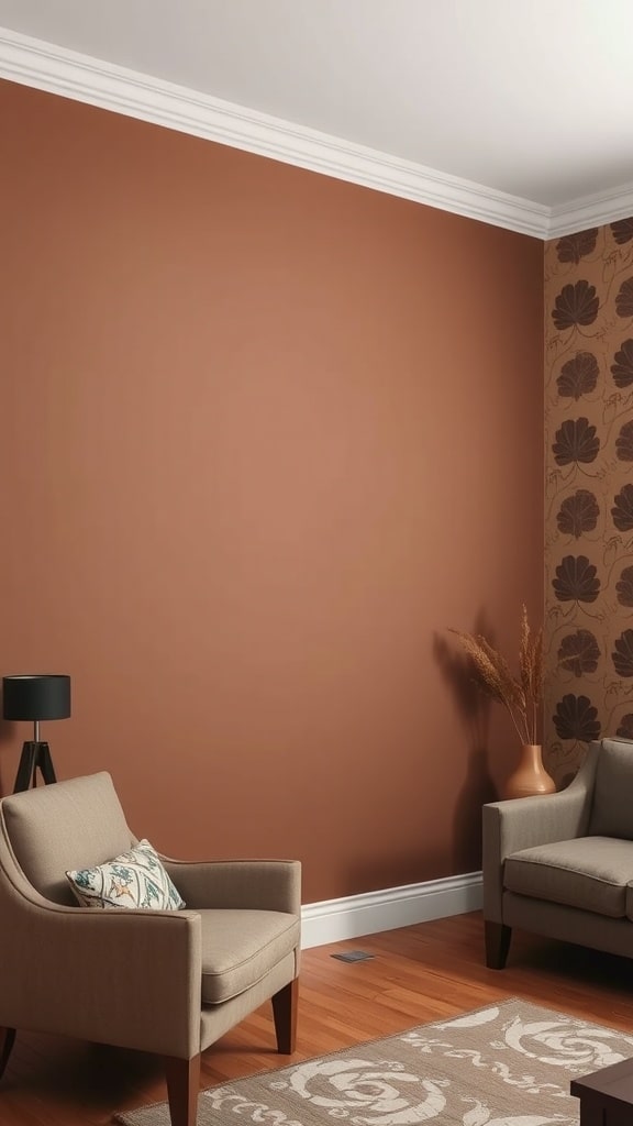 A cozy living room featuring a brown wall with floral wallpaper, light beige armchairs, and stylish decor.