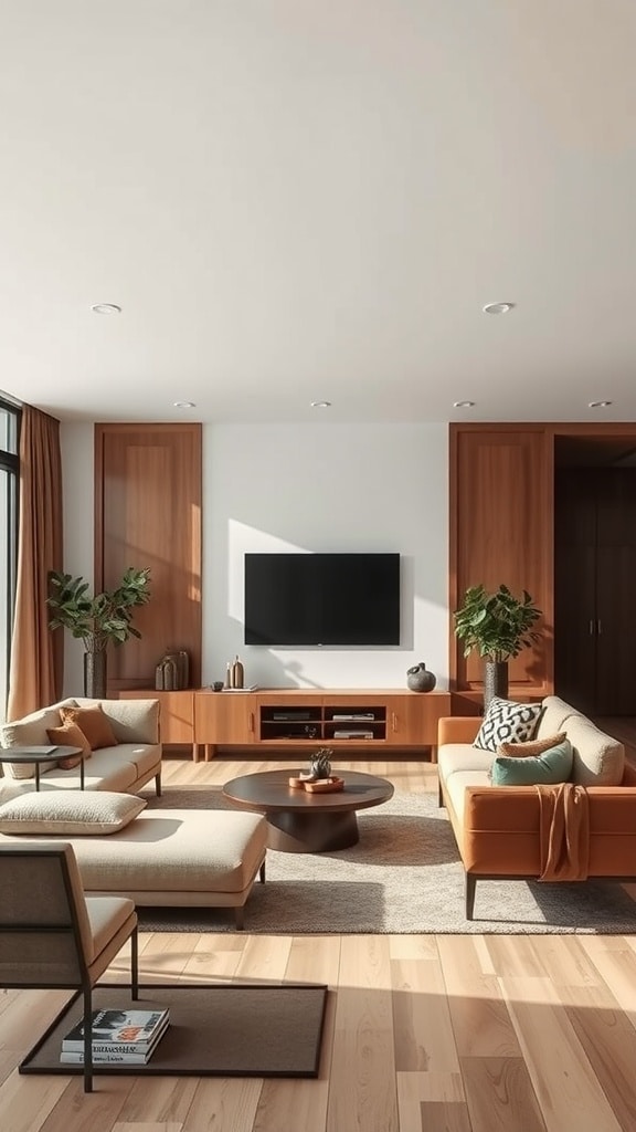 A modern living room featuring a mix of light and dark brown furniture and wooden accents.