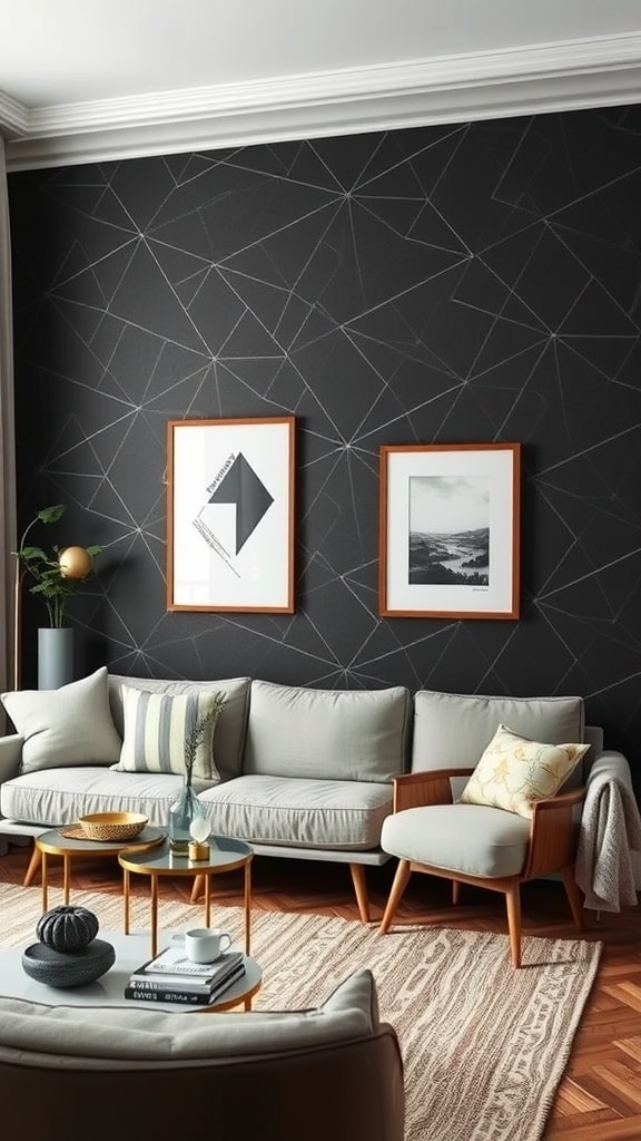 A modern living room with black geometric wallpaper and light-colored furniture.