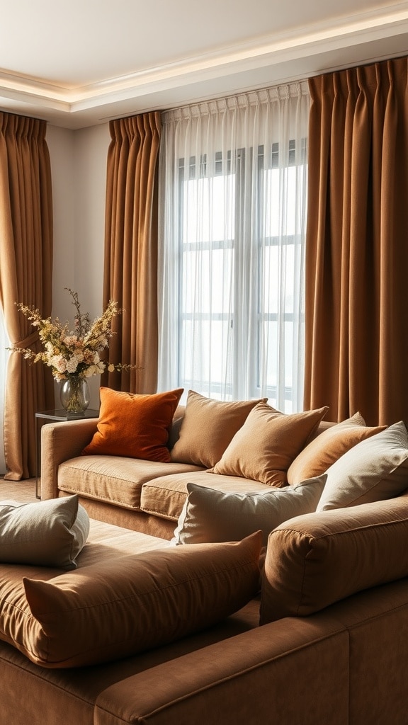 Cozy brown living room with soft couches, textured pillows, and curtains, featuring a vase of flowers.