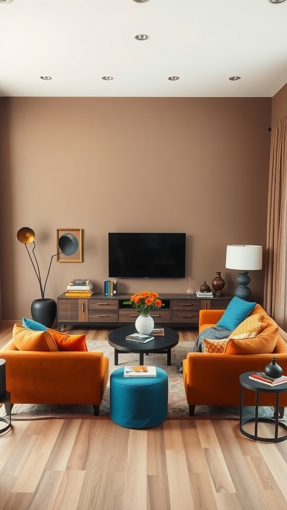 A cozy living room with brown walls and vibrant orange and teal furniture accents.