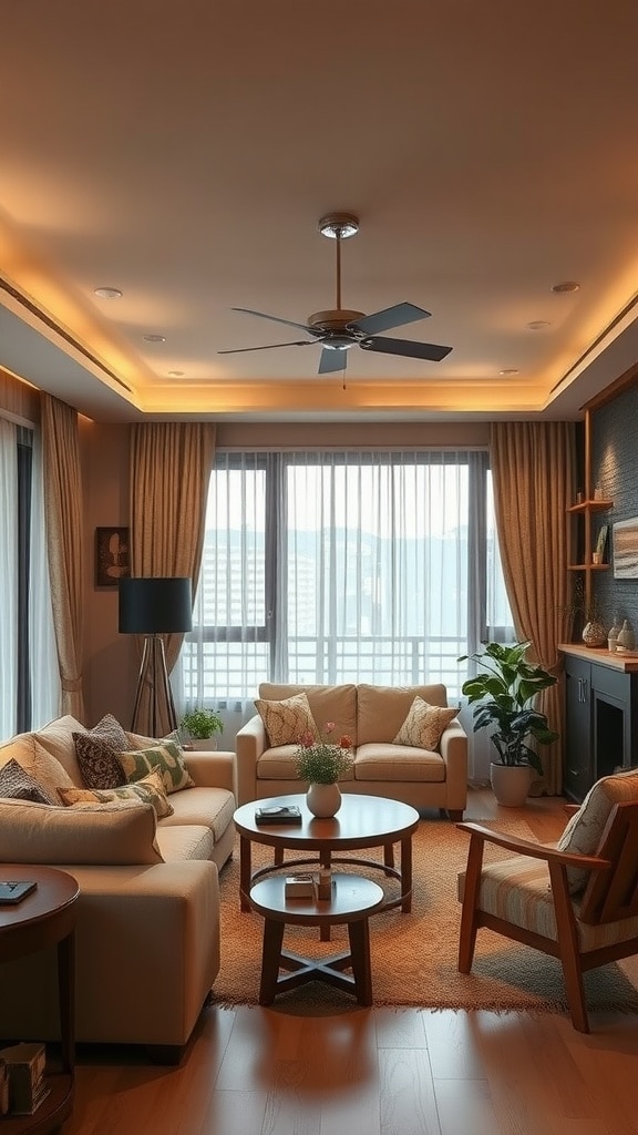 Cozy living room with soft brown lighting, featuring neutral furniture, plants, and a warm atmosphere.