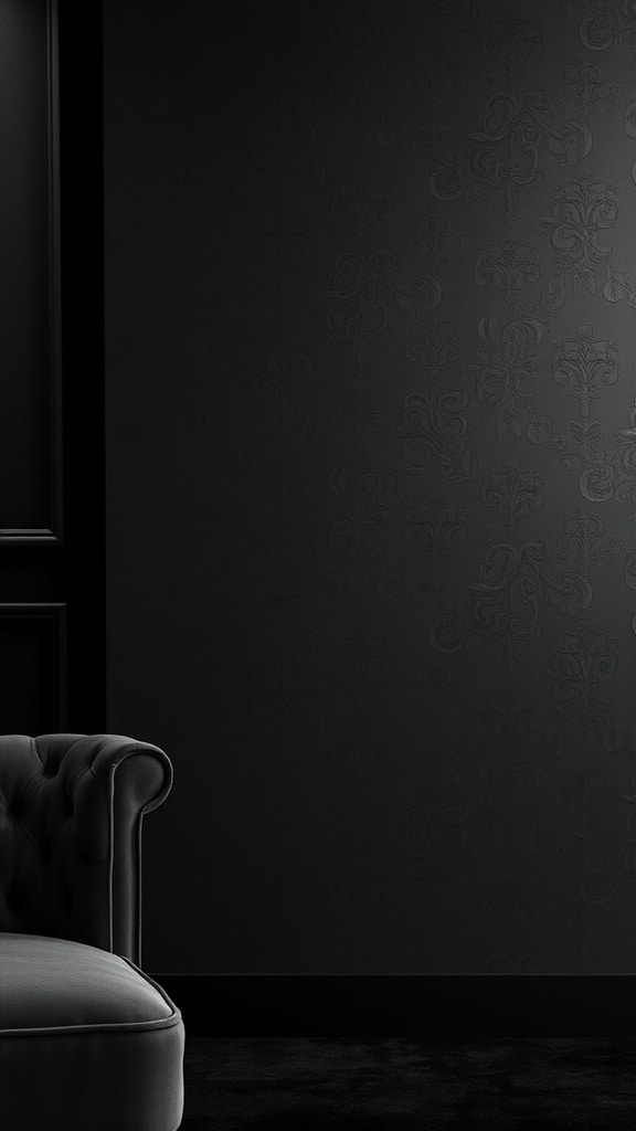 A matte black wallpaper with subtle patterns, featuring a velvet chair in front.
